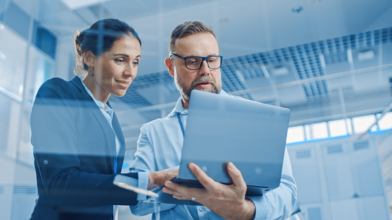 Businesswoman and businessman working on a project together while holding a laptop