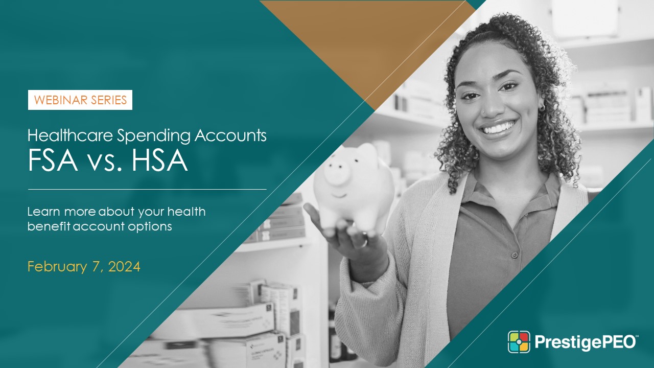 FSA vs. HSA webinar presentation cover - attractive female holding a piggy bank